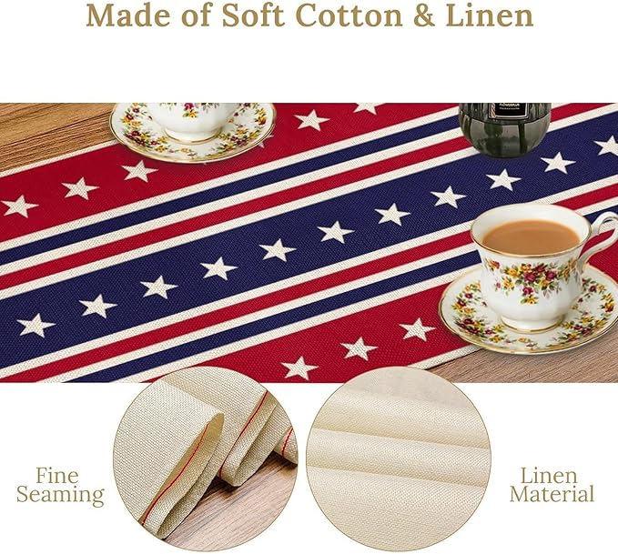 4th of July Table Runner, USA Flag Stars Stripes American Independence Day Red Blue White Stars Lines Print Table Cover for Farmhouse Kitchen Indoor Outdoor Home Party, 13x90inch