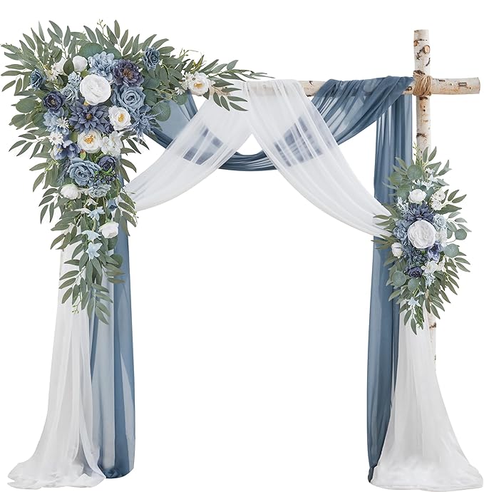 Artificial Flowers Wedding Arch Kit, Dusty Blue Silk Roses with Sheer Drapes