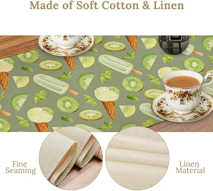 Summer Ice Cream Popsicles Table Runner, Watercolor Green Kiwi Seasonal Fruit Sweet Dessert Dinner Runner for Party Holiday Home Kitchen Dining Table Decor 13"x36"