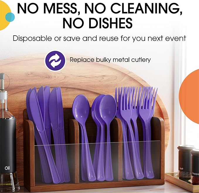 Plastic Cutlery Set 300 Pieces Purple Forks, Spoons and Knives