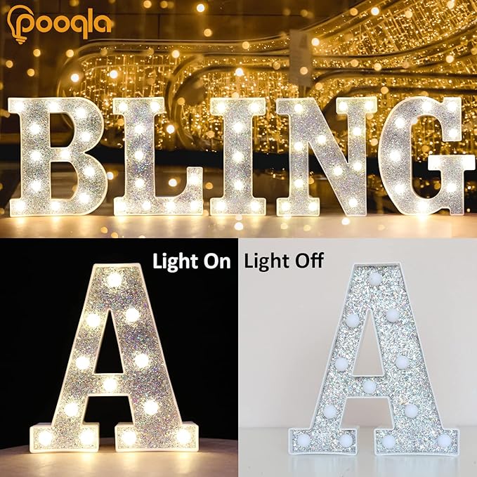 Pooqla Light Up Letters, LED Marquee Letters for Silver Birthday Decorations, Battery Powered Night Light Teenager Girl Room Decor, Gift for Girls Boys Wedding Bedroom Christmas Party Decor, Letter J