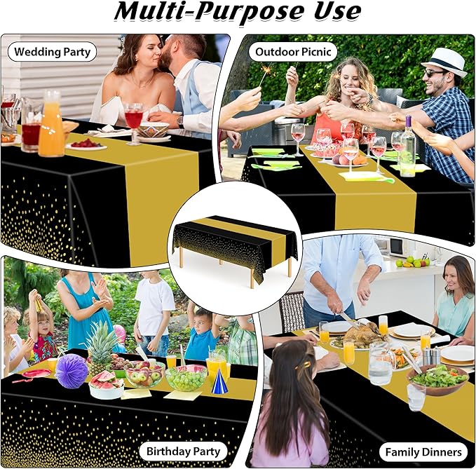 4Pack Black and Gold Tablecloths for Events, 54" x 108" Plastic Table Cloth Disposable for Rectangle Tables, Waterproof Table Cloth Cover for New Years Eve Decorations Holiday Birthday Wedding Dining