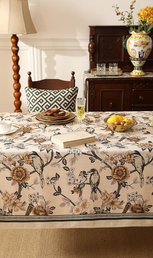 Rectangular Linen-Blend Tablecloth, 55 x 87 Inch, Floral Print