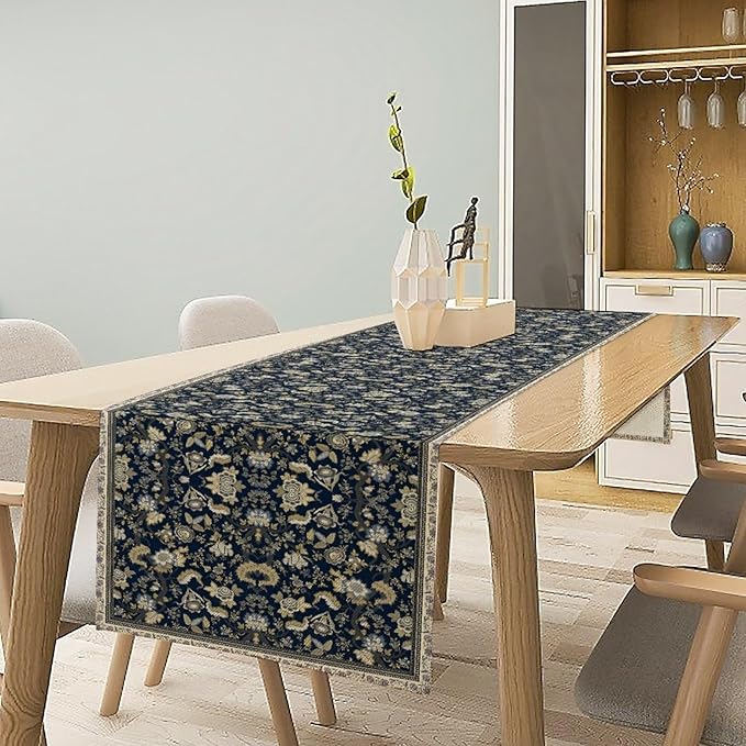 Vintage Boho Floral Table Runner, Morris Rustic Country Farmhouse Dark Blue Grey Retro Flower Pattern for Home Kitchen Table Decor Dining Coffee Room Party Decor 13x120in