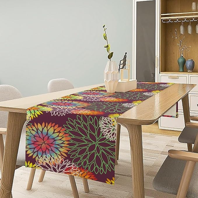 Brown Dahlia Flower Table Runner, Linen Geometric Pattern Floral Table Decor Spring Farmhouse Decorations for Kitchen Dining Holiday Party Decor, 13x90 Inch
