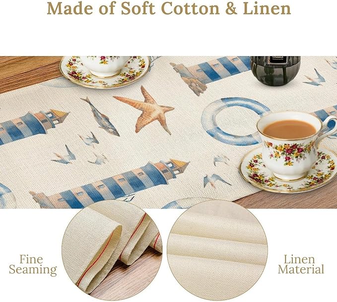 Blue Beach Table Runner, Tropical Ocean Coast Table Runner, Seashell Seasonal Nautical Restaurant Coffee Table Decorations for Home Holiday Party Indoor Outdoor 13x70 Inch