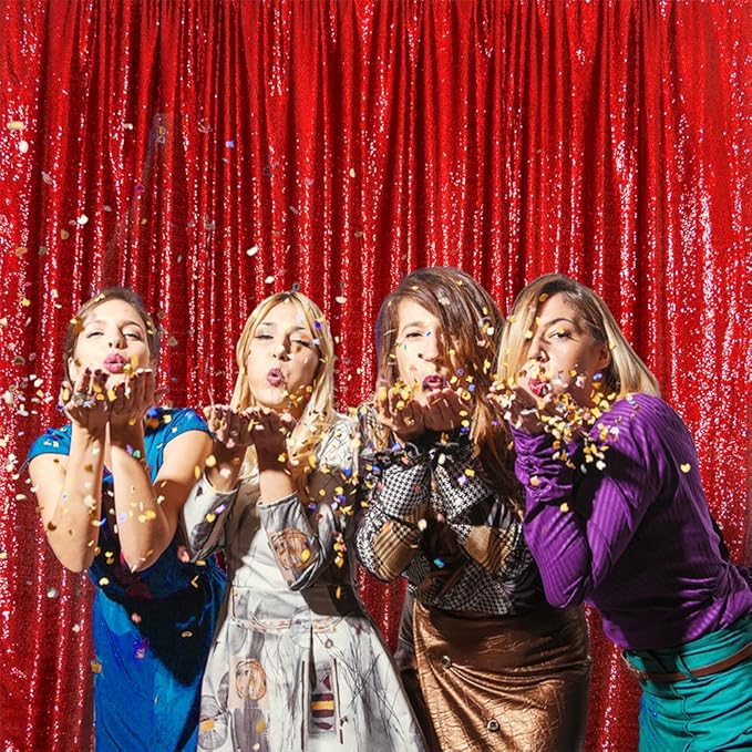 SquarePie Sequin Backdrop Less Transparent Background Sparkly Curtain for Wedding Party 20FT x 10FT Red