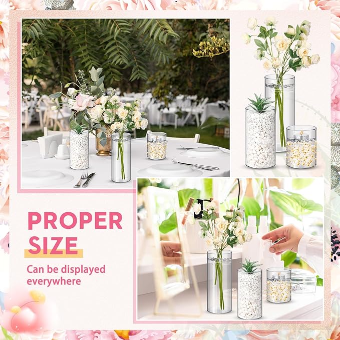 Cylinder Vases, 48 Pack Clear Plastic in 3 Sizes for Floral Centerpieces
