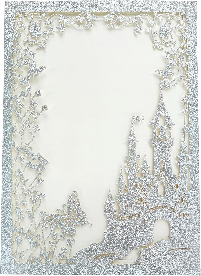 20PCS Castle Pocket Invitations, Quinceanera Invitations with Envelopes, Princess Invitation, Laser Cut quince invites (glitter silver)