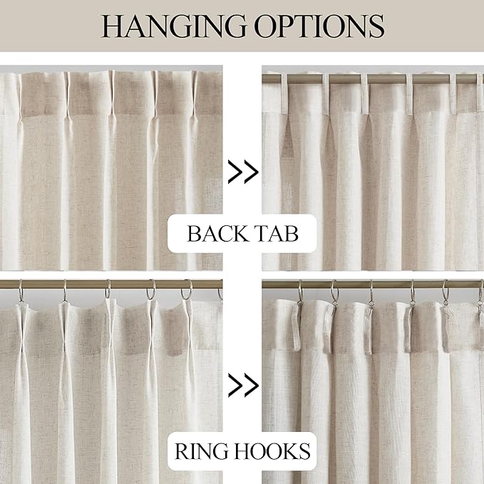Vision Home Natural Pinch Pleated Semi Sheer Curtains Textured Linen Blended Light Filtering Window Curtains 108 inch for Living Room Bedroom Pinch Pleat Drapes with Hooks 2 Panels 9ft 42" Wx108 L