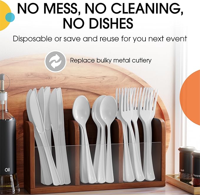 Disposable Plastic Spoons, Forks and Knives Set, 300 Count White