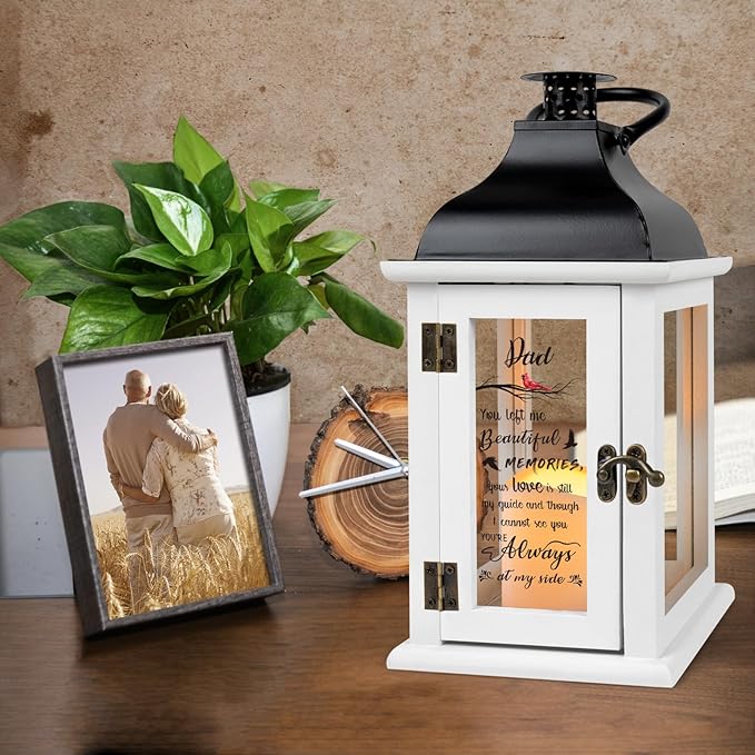 Decorative Candle Lantern, 14 Inch Glass and Metal with LED Flameless Candle