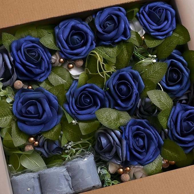 Artificial Rose Pew Flowers, Blue, Set of 10 with Chiffon Ribbon
