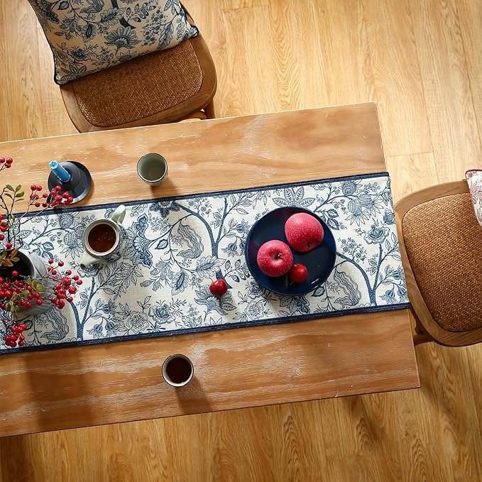 ISAENNE Designer Chinoiserie Elegant Linen Table Runner 71 Inches Long,Blue Floral Pattern Decor Table Runners for Thanksgiving,Dining Room,Banquet,Kitchen Tables,Christmas,12"*71"-Ruyi B