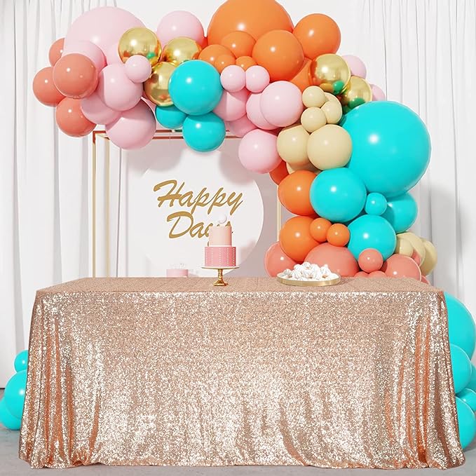 SquarePie Sequin Tablecloth 90 x 156 Inch Rose Gold Sparkly Table Linen for Wedding Party