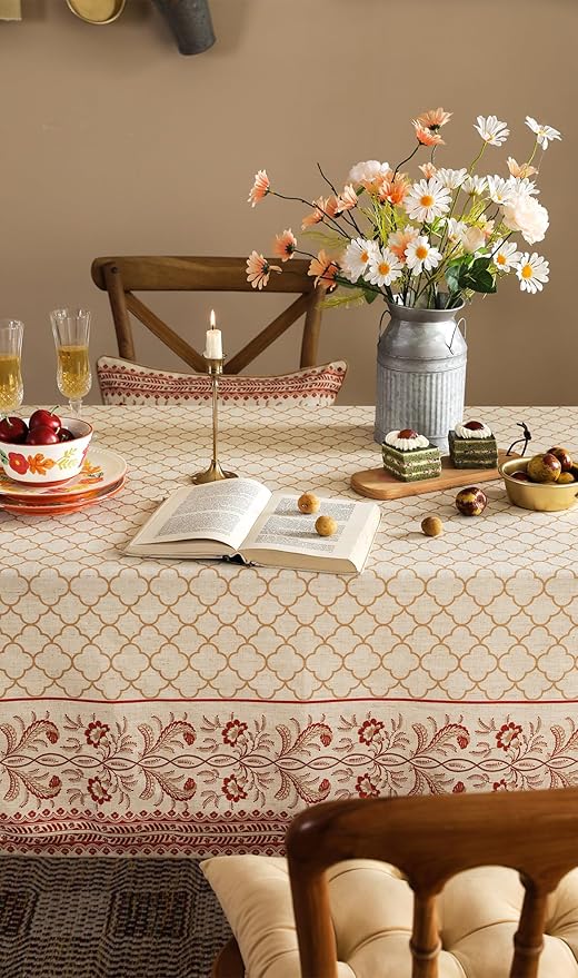 Rectangular Floral Tablecloth, 55 x 87 Inch Linen-Polyester Blend, Yellow
