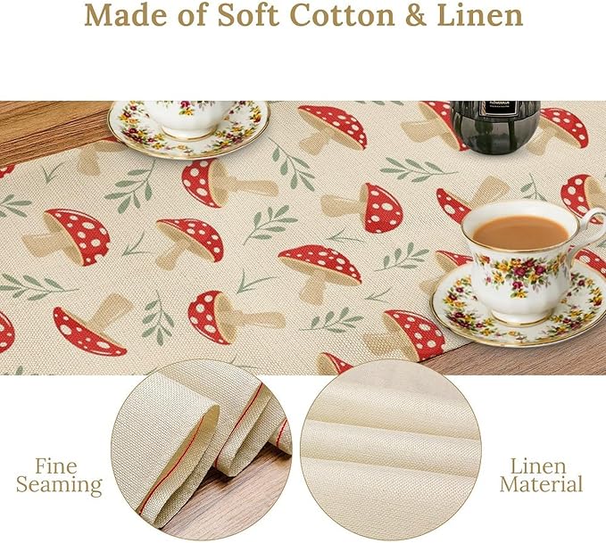 Mushroom Table Runner,Vintage Plant Print Table Runner for Kitchen Dining Table Home Party Decoration 13x72 Inch