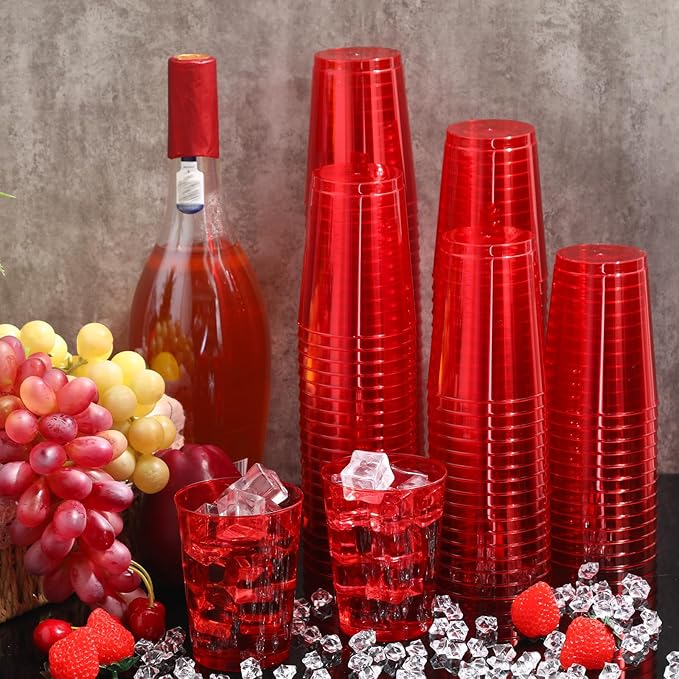 Disposable Plastic Party Cups, 10 oz Red, Pack of 100