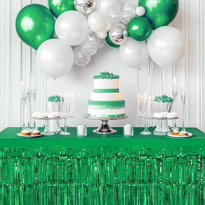 2 Pack Green Table Skirts, 29x108" Metallic Foil Tinsel Fringe Table Skirts for Rectangle Tables Streamer Curtains Backdrop, Party Decorations for Birthdays Weddings Holidays