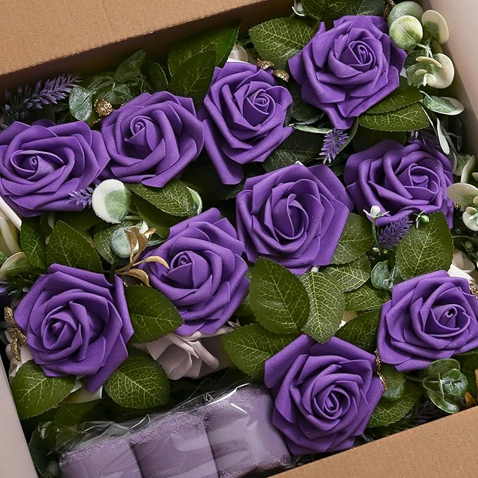 Wedding Aisle Decorations for Wedding Ceremony Set of 10 Pew Flowers for Church Chair Decorations Party Decor with Artificial Flowers Eucalyptus and Ribbons Purple