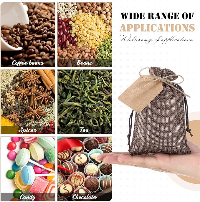 Gift Bags, 100 Burlap Drawstring Favor Bags with Kraft Tags and Hemp Rope