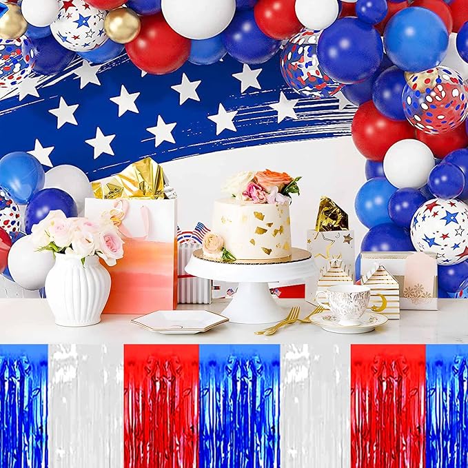 3 Pack 29 x108 Inch White Blue Red Foil Fringe Table Skirts Metallic Banner for Tinsel Streamer Garland Backdrop for Parade Floats Mother's Day, Graduate, Birthday, Wedding Party Decoration