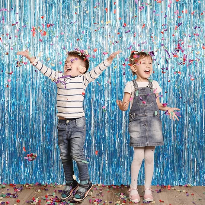 GOER 3.2 ft x 8.2 ft Metallic Tinsel Foil Fringe Curtains Party Photo Backdrop Party Streamers for Birthday,Graduation,New Year Eve Decorations Wedding Decor (4 Packs,Blue)