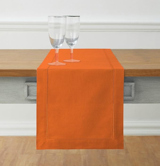 Solino Home Cotton Linen Table Runner 60 Inches - Pumpkin Hemstitch Table Runner 14 x 60 Inch Ideal for Dresser and Coffee Tables - Fall, Autumn, Halloween, Thanksgiving, Holiday