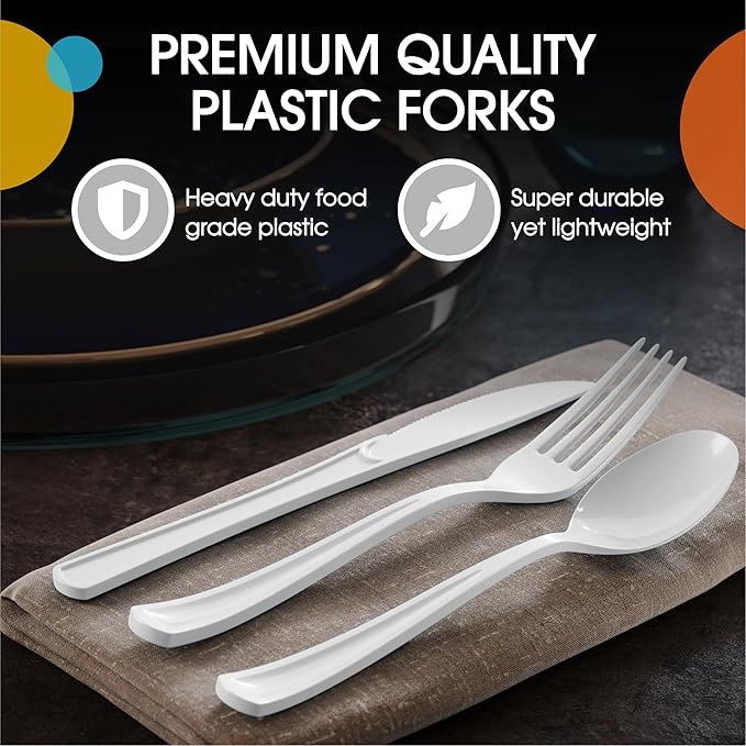 Disposable Plastic Spoons, Forks and Knives Set, 300 Count White