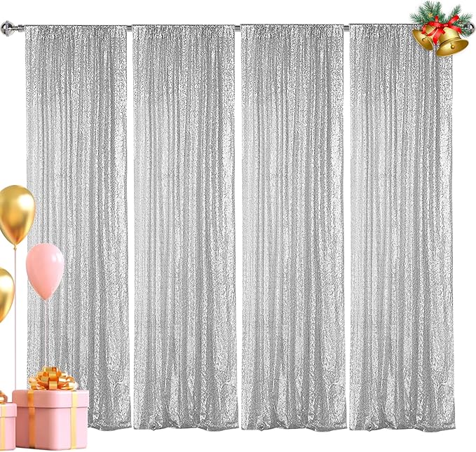 Sequin Backdrop Curtain, Silver Glitter Backdrop, 2ft x 8ft, Pack of 4