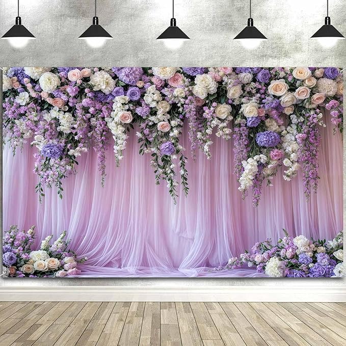 6x6ft Purple Lavender Floral Bridal Backdrop Wedding Flower Photography Backdrop for Girl Portrait Baby Shower Birthday Party Decor Banner Mother's Day Party Wall Backdrop Studio Photo Backgrounds