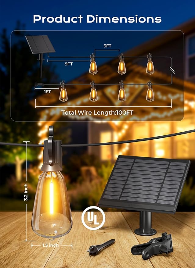 String Lights, Solar Powered 100 FT Outdoor Set with 31 Bulbs and Remote