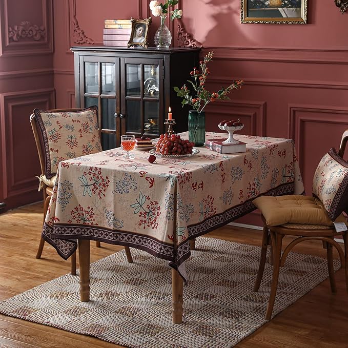 patdrea Designer French Linen Long Tablecloth for Rectangle Table,Vintage Red Floral Tablecloths,Dacorative Cover for Kitchen Dining,Tea Party,Christmas,Thanksgiving,Holiday,63"x87"-Newmari