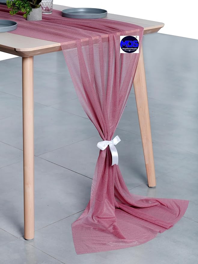 MDS 25 Pack 10ft Chiffon Table Runner 29 x 120 Inches Sheer Wedding Runner Romantic Rustic Table Runner for Wedding Decorations, Birthday Parties, Bridal Shower Party Arch Decor - mauva
