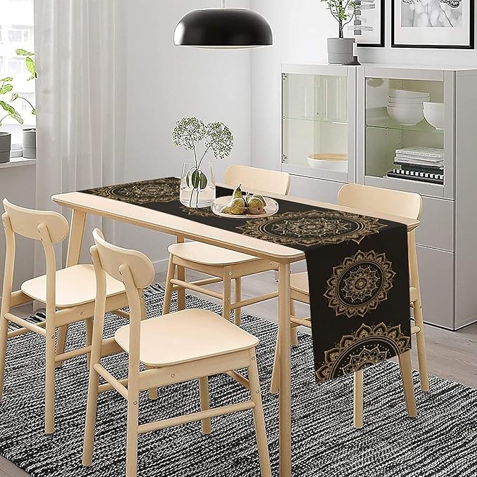 Golden Mandala Table Runner, Traditional Indian Gold Black Flower Vintage Luxury Bohemian Mandala Table Runner for Home Kitchen Dinning Table Indoor Outdoor Holiday, 13x70inch