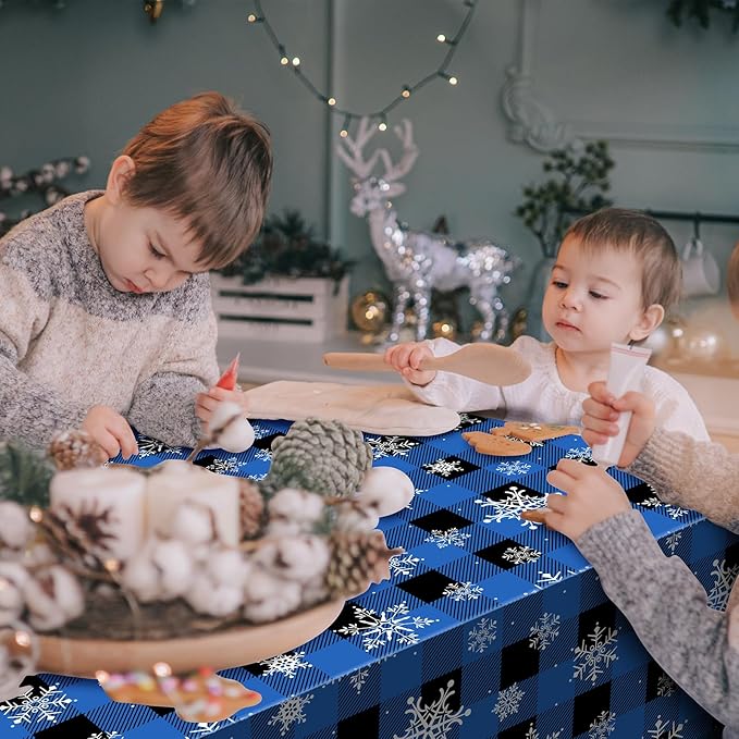 3Pcs Christmas Buffalo Plaid Snowflake Party Tablecloths Decorations,Plastic Black and Navy Blue Checkered Rectangle Table Cover for Winter Christmas Birthday Holiday Party Decorations,54x108 inch