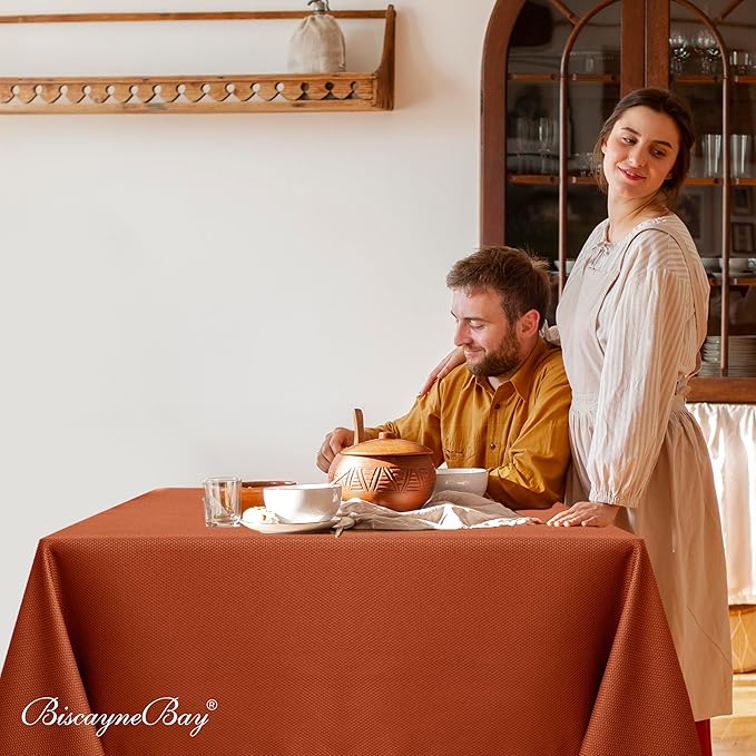Biscaynebay Fall Tablecloth Textured Fabric Square Tablecloths 60x60 Inch, Rust Thanksgiving Autumn Harvest Water Resistant Fabric Tablecloths for Kitchen, Dining, Wedding, PartiesMachine Washable