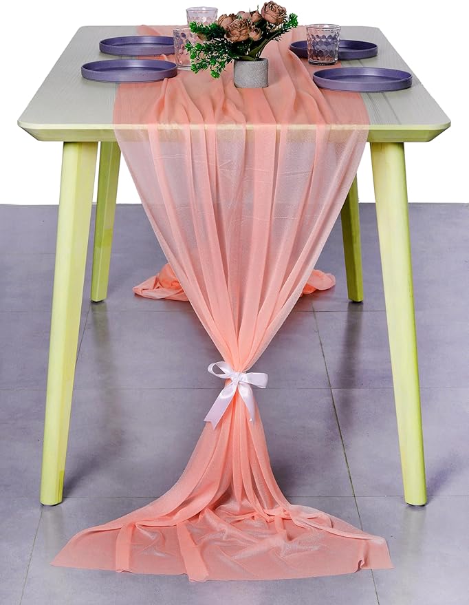 MDS 25 Pack 10ft Chiffon Table Runner 29 x 120 Inches Sheer Wedding Runner Romantic Rustic Table Runner for Wedding Decorations, Birthday Parties, Bridal Shower Party Arch Decor - Peach