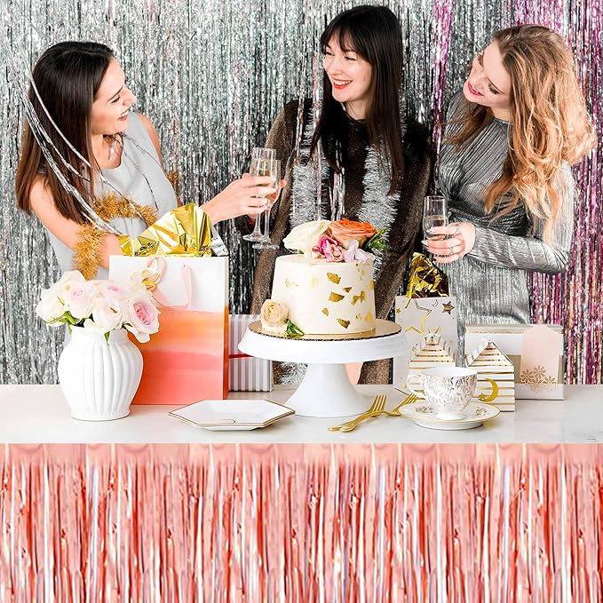 3 Pack 29 x108 Inch Rose Gold Foil Fringe Table Skirts Metallic Banner for Tinsel Streamer Garland Backdrop for Parade Floats Mother's Day, Graduate, Birthday, Wedding Party Decoration