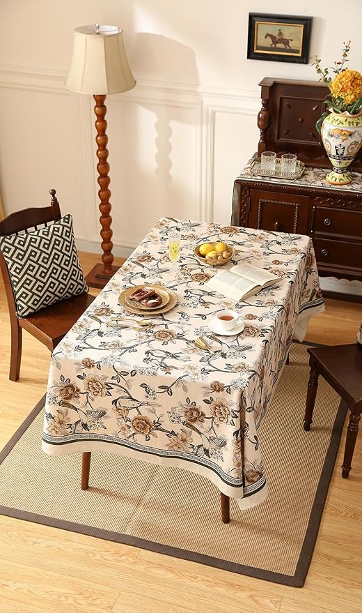 Rectangular Linen-Blend Tablecloth, 55 x 87 Inch, Floral Print