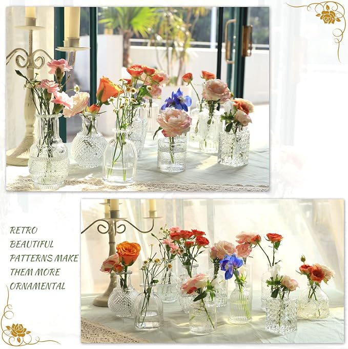 Glass Bud Vase Set of 22, Small Vases for Flowers, Clear Centerpieces, Mini in Bulk Rustic Wedding Decorations, Vintage Look Home Table Flower Decor