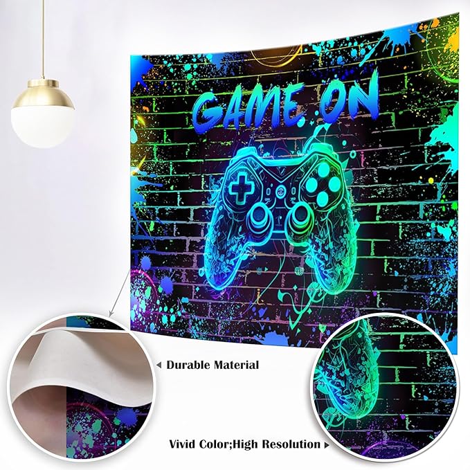 Mocsicka Game On Backdrop Video Game for Boys Level Up Birthday Party Decoration Game Night Arcade Neon Glow Gamer Banner Photography Background (Blue, 7x5ft(82"x60"))