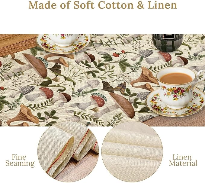 Mushroom Table Runner,Vintage Forest Flower Plant Print Table Runner for Kitchen Dining Table Home Party Decoration 13x108 Inch