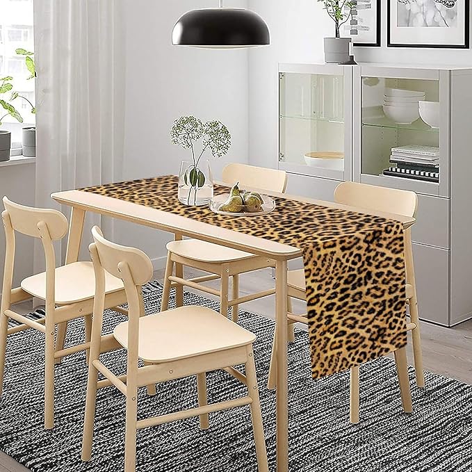 Leopard Print Dinning Table Runner, Cotton Linen Rustic Cottage Country Farm Safari Wildlife Fur Print Table Runners for Table Dresser Runner Dinning Kitchen Party Holidays Home, 13x90 Inch