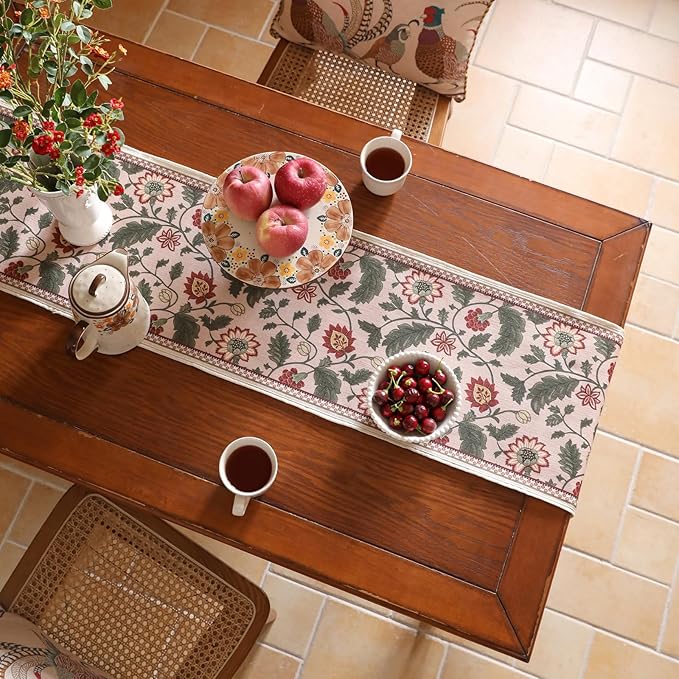 ISAENNE Designer Provence Elegant Linen Table Runner 102 Inches Long,Flower and Leaves Pattern Durable Table Runners for Dining Tables,Thanksgiving,Kitchen Tables,Christmas,12"*102"-Ratina