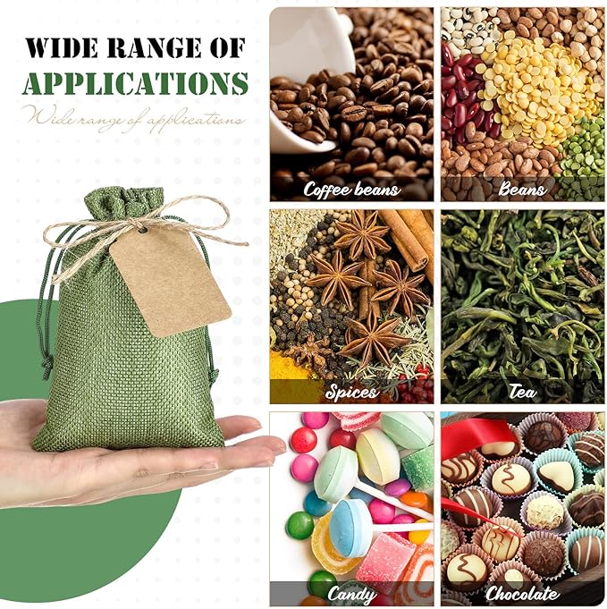 Gift Bags: 100 Burlap Drawstring Pouches in Army Green with Kraft Tags