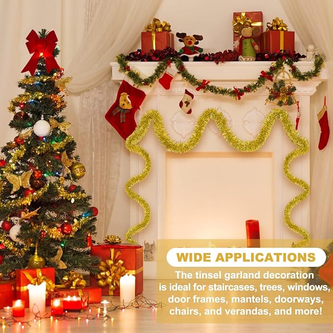 50 Feet Gold Christmas Tinsel Garland, Metallic Foil Twist Banner Wall Hanging Tinsel Streamers Backdrop for Parade Floats, Christmas, Mother's Day, Birthday Party Decorations(2in x 50ft)