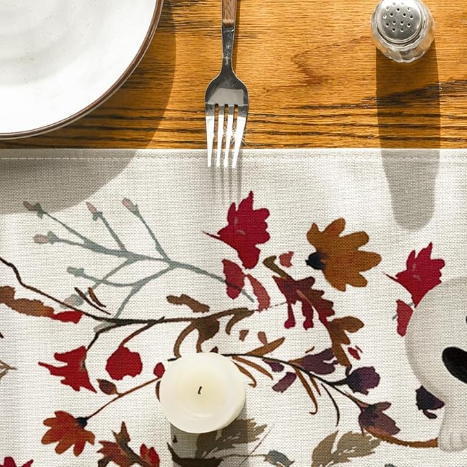 Artoid Mode Ghost Flowers Leaves 210 GSM Halloween Table Runner,Seasonal Fall Kitchen Dining Table Decoration for Home Party Decor 13x120 Inch