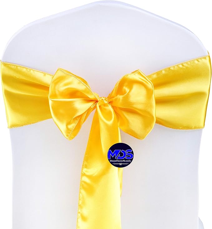 MDS Pack of 150 PCS Satin Chair Sashes Charmeuse Sateen Dining Chair Bows Ribbon Ties Back Sash for Wedding Party Birthday Home Hotel Restaurant Banquet Decoration (7 x 108 Inch, Yellow Gold)