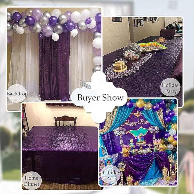 QueenDream Sequin Tablecloth 90"x132" Purple Party Tablecloth Rectangular Seamless Sequin Table Cloth Overlay Glitter Wedding Birthday Bridal Shower Decorations
